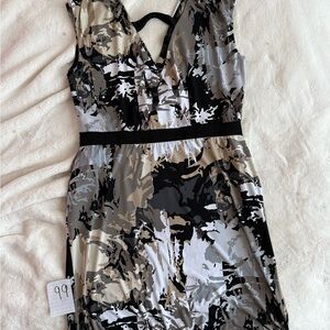 Attention Brand Sleeveless V-Neck Dress in Black, Gray & Cream Print